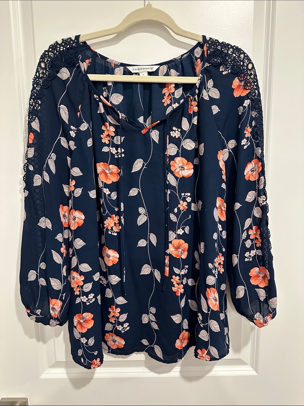 Counterparts Navy Floral Peasant Blouse with Crochet Shoulders